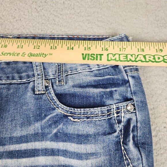 Y2K Vanity Jeans Womens 31x33 Blue Flared Low Rise Whiskered Fleur De Lis Pocket - Picture 3 of 12